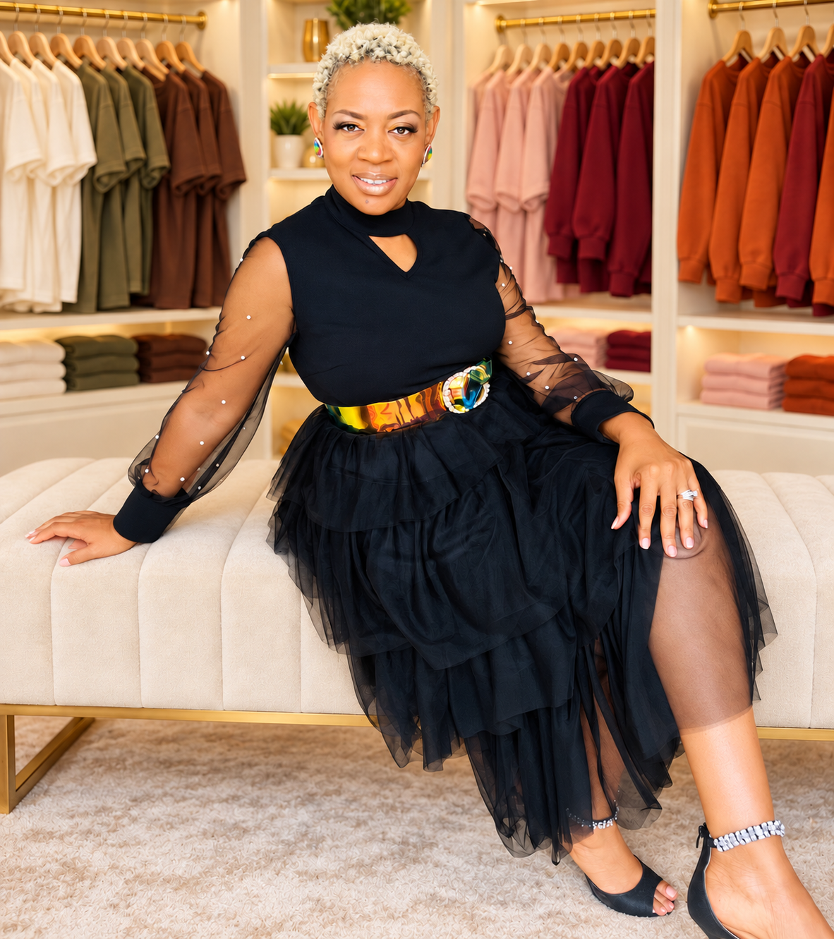 Jennettia seated in a black dress in a boutique closet with neatly arranged shirts in fall colors